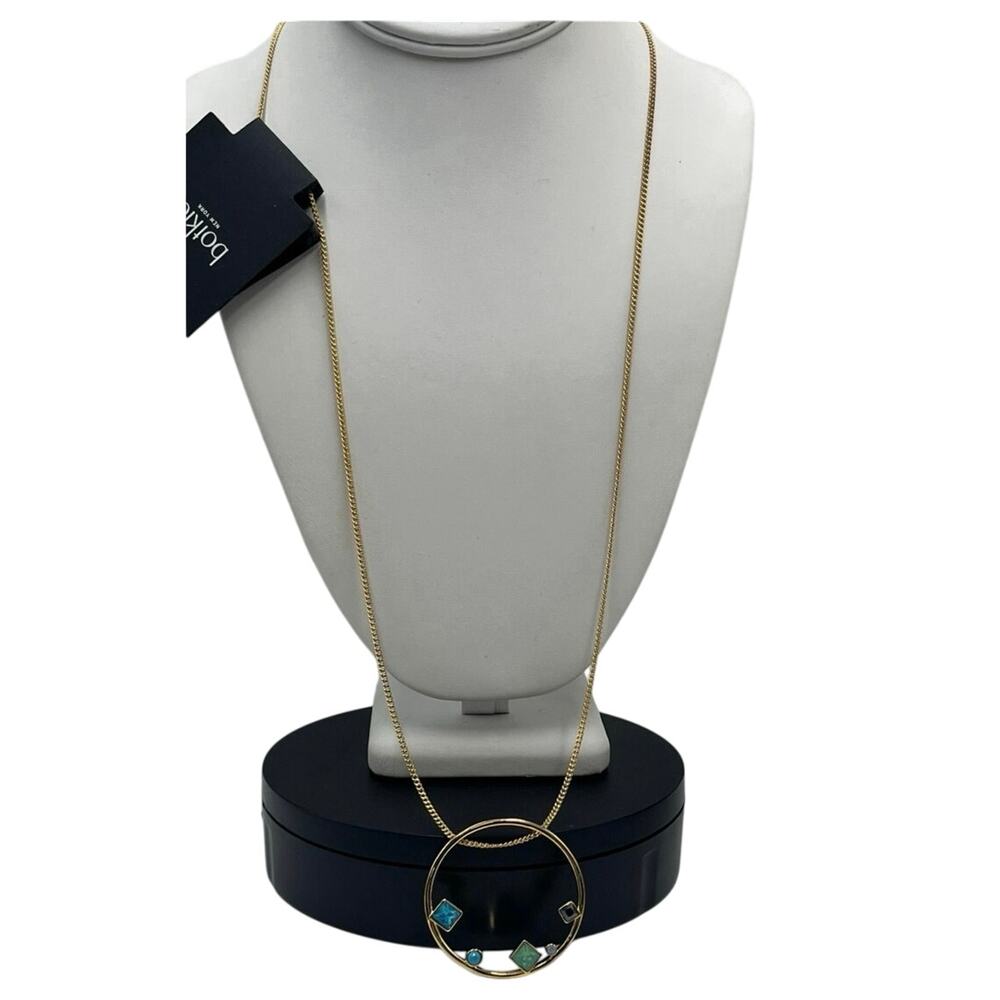 Botkier Designer Gold Tone Geometric Round Pendant Multicolor Stone Necklace New